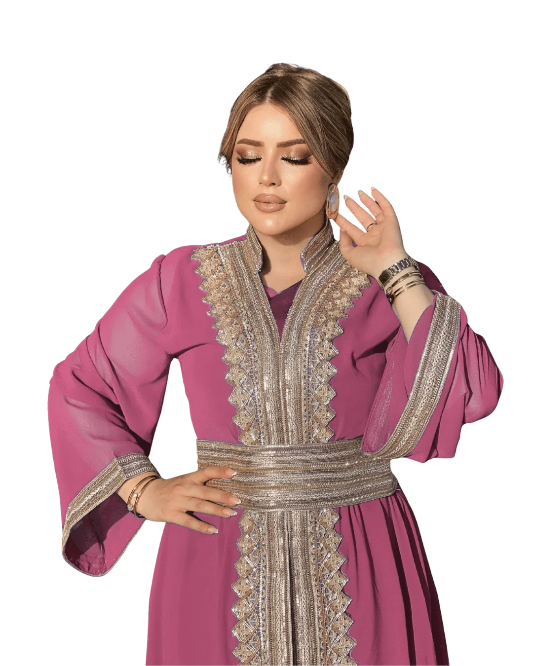 Caftan élégant bleu brodé de dentelle dorée